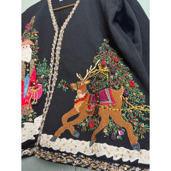 Vintage Christmas Sweater Marisa Christina Beaded Santa/Reindeer Cardigan Small - Picture 4 of 7